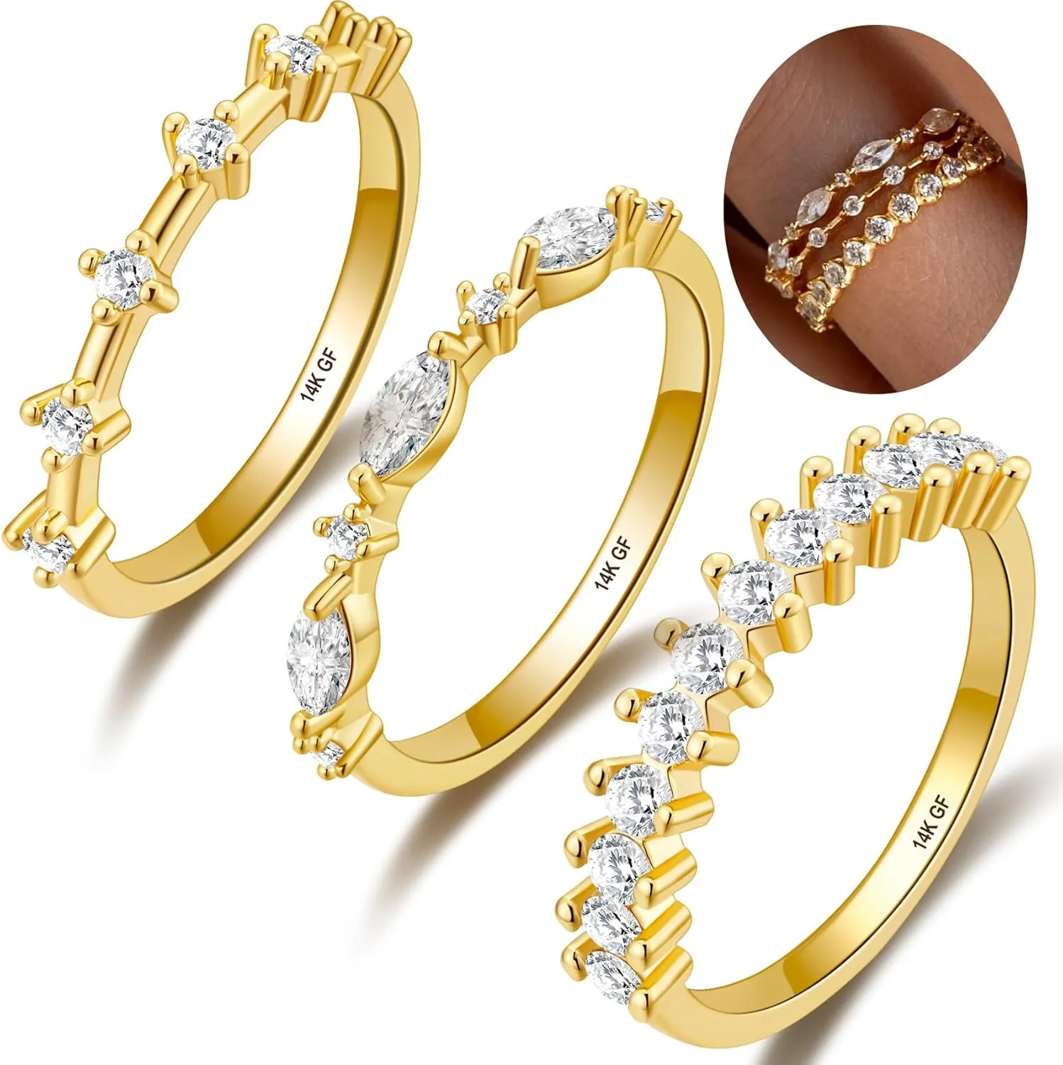 14K Gold Rings for Women Non Tarnish Stackable Gold Ring Set Gold Filled Thin Band Rings Minimalist Cubic Zirconia Rings Gold Trendy Gold Stacking Rings Pack,3Pcs
