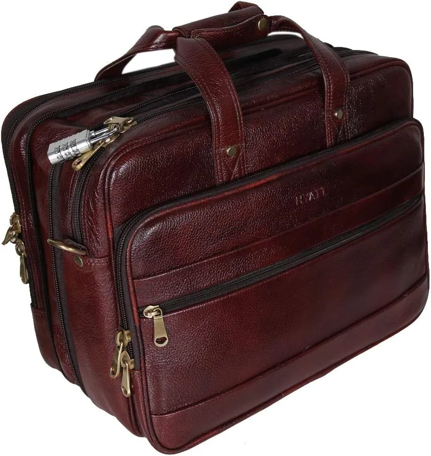 16 Inch Brown Leather Laptop Briefcase Office Bags for Men
