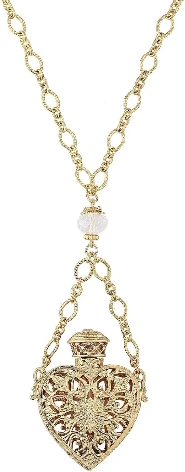 1928 Jewelry Filigree Heart Crystal Accent Glass Vial Pendant Necklace For Women 30", Perfect Keepake For Essential Oils, Cremation Ashes, Sand, Locks Of Hair