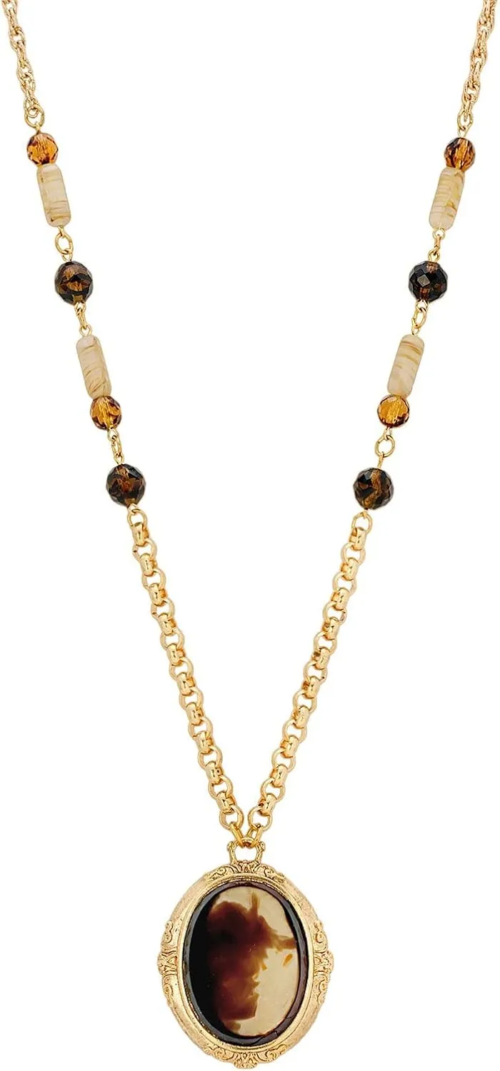 1928 Jewelry German Oval Tortoise Antique Glass Stone Beaded Pendant Necklace for Women 30"