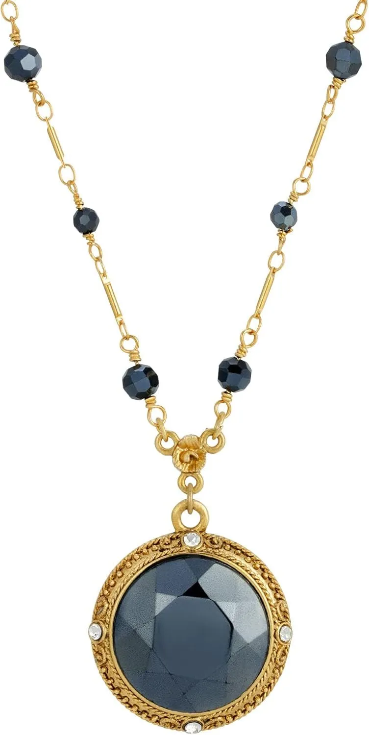1928 Jewelry Round Faceted Hematite Glass Stone Pendant Necklace For Women 16"   3" Extender