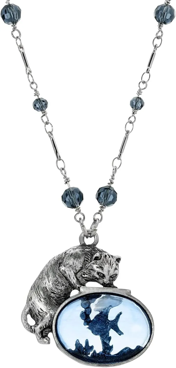 1928 Jewelry Women's Pesky Cat And Blue Fish Crystal Accent Pendant Necklace 30 Inches