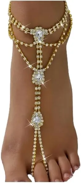1Pair Multi-layered Rhinestone Barefoot Sandals Foot Chain Jewelry Wedding Bridal Rhinestone Leg Foot Jewelry Summer Crystal High Heel Anklet Shoe Chain for Women