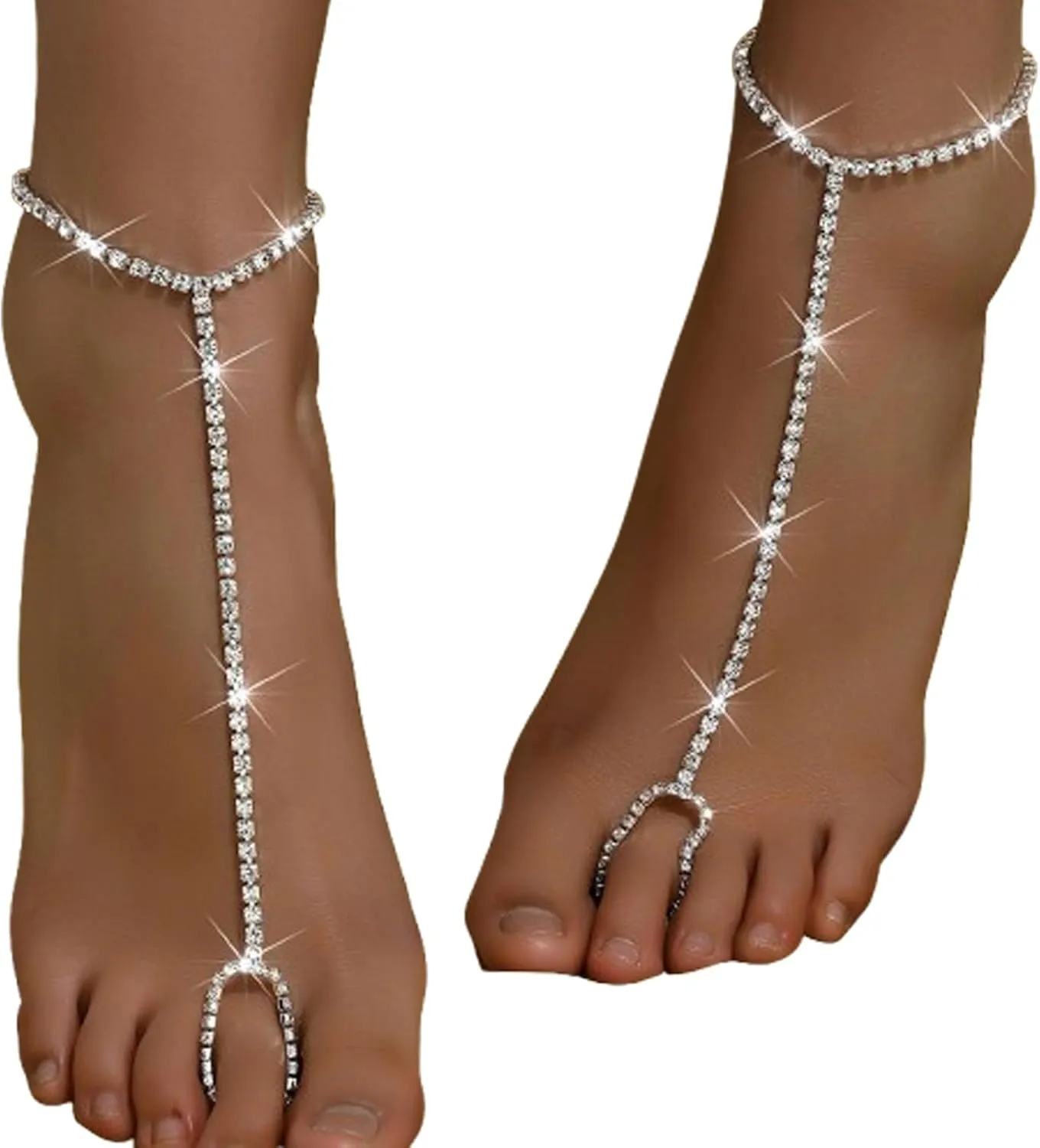 1Pair Simple Rhinestone Barefoot Sandals Foot Chain with Toe Ring Summer Beach Bikini Crystal Anklets Bracelet Wedding Bridal Foot Chain Jewelry for Women