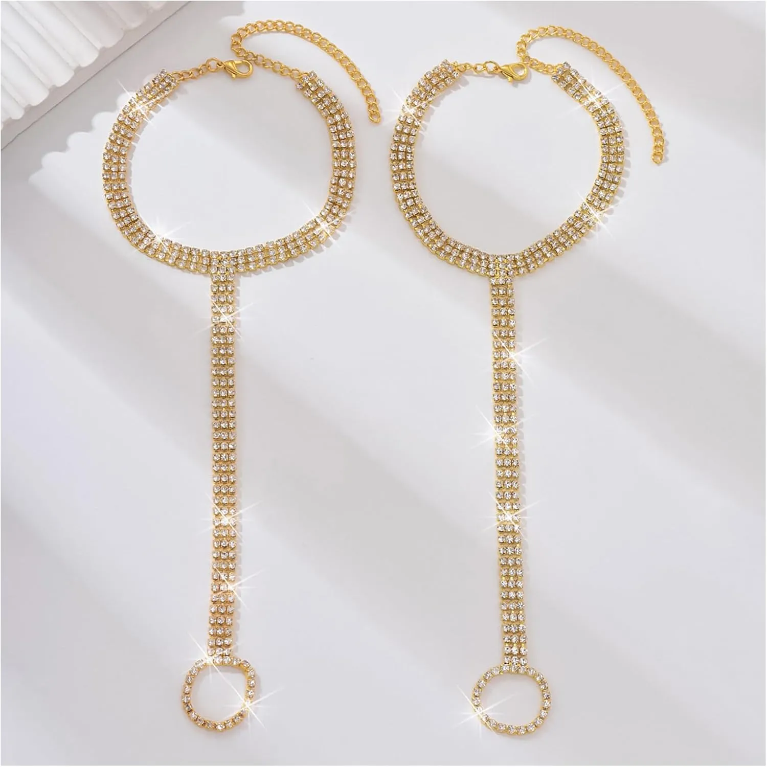 1Pair Summer Beach Rhinestone Anklet Barefoot Sandals Foot Chain with Toe Ring Bikini Crystal Bracelet Hand Chain Wedding Bridal Foot Chain Jewelry for Women