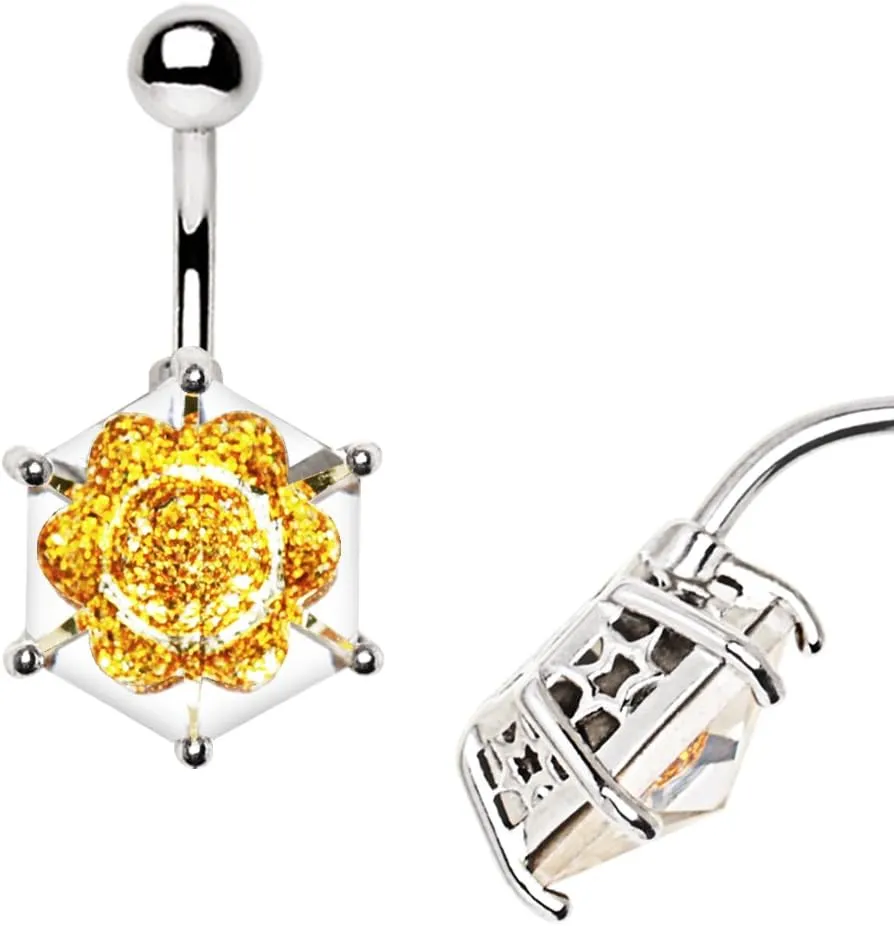 316L Stainless Steel Captured Golden Flower Faceted Glass Navel Ring
