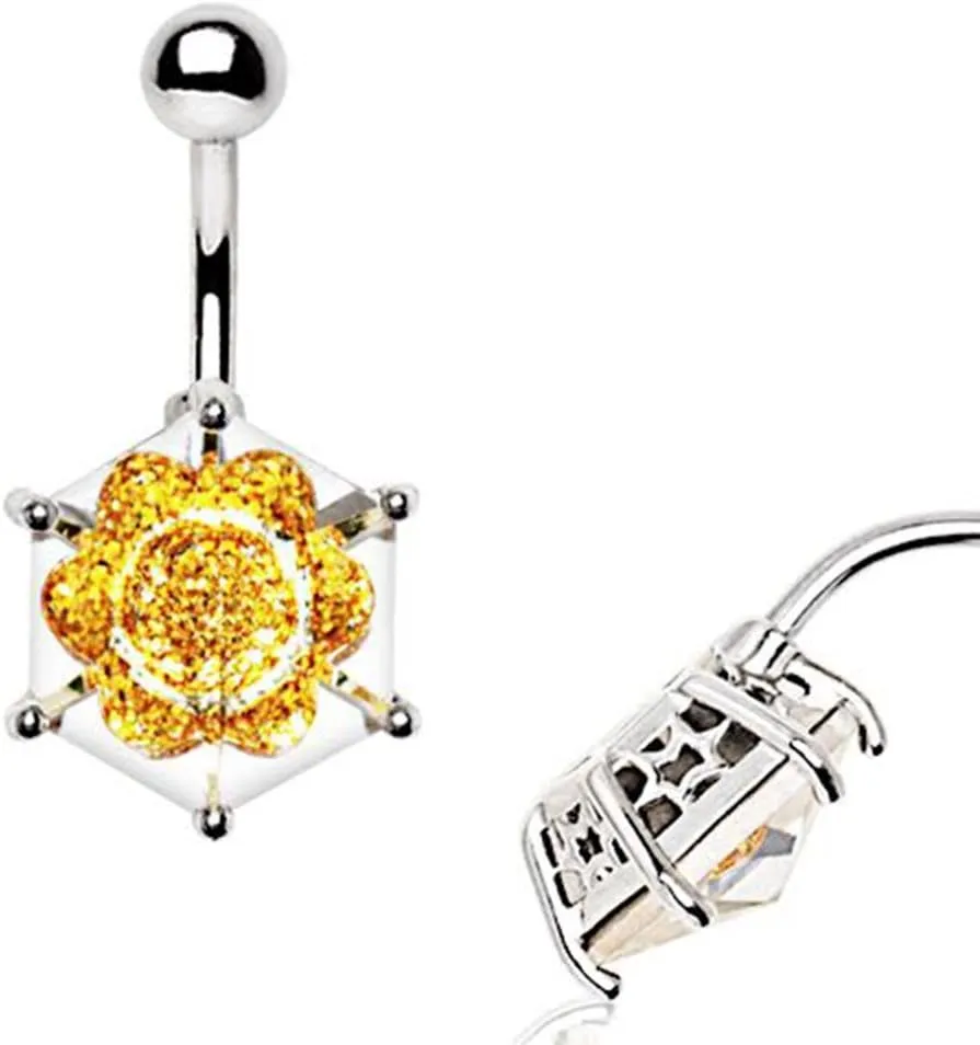 316L Stainless Steel Captured Golden Flower Faceted Glass WildKlass Navel Ring