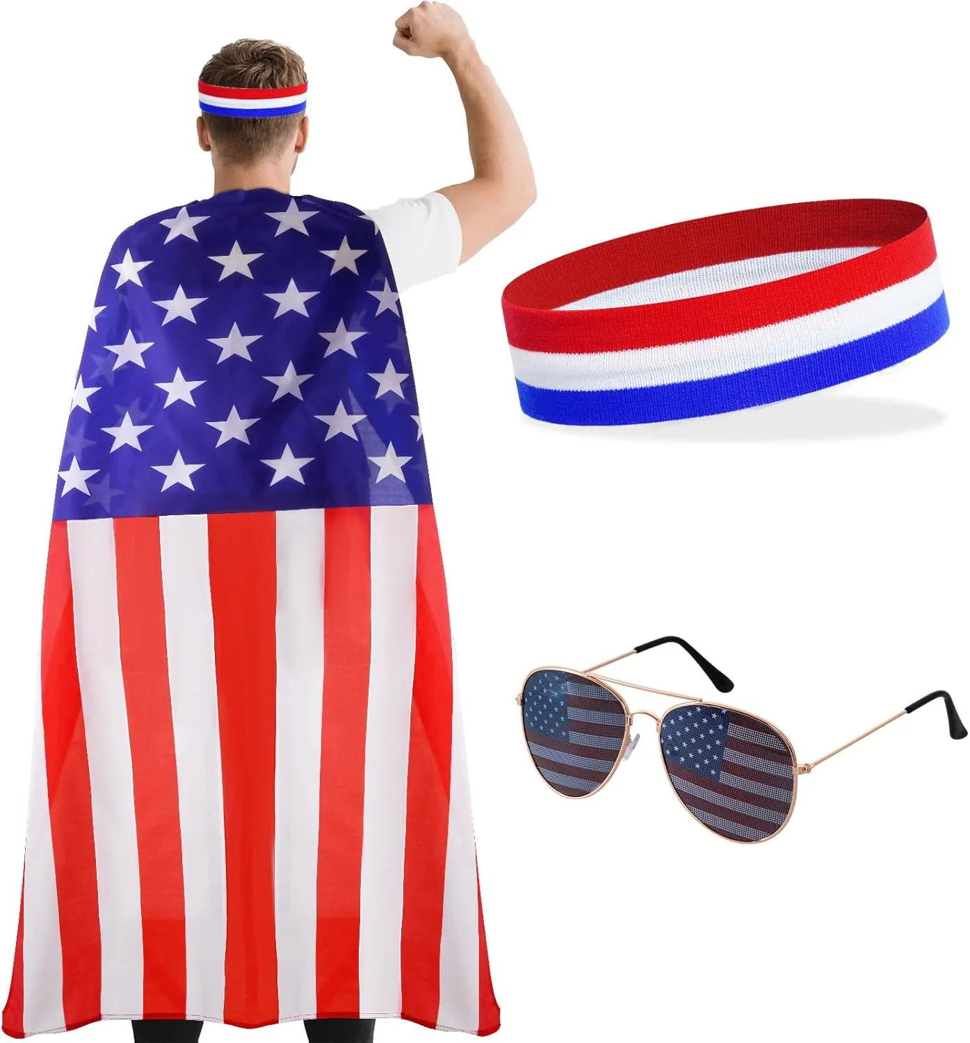 3Pcs American Flag Cape Sunglasses and Headband Set, 4th of July Outfits for Men Women, Red White and Blue Patriotic Costume Accessories for Independence Day Celebration