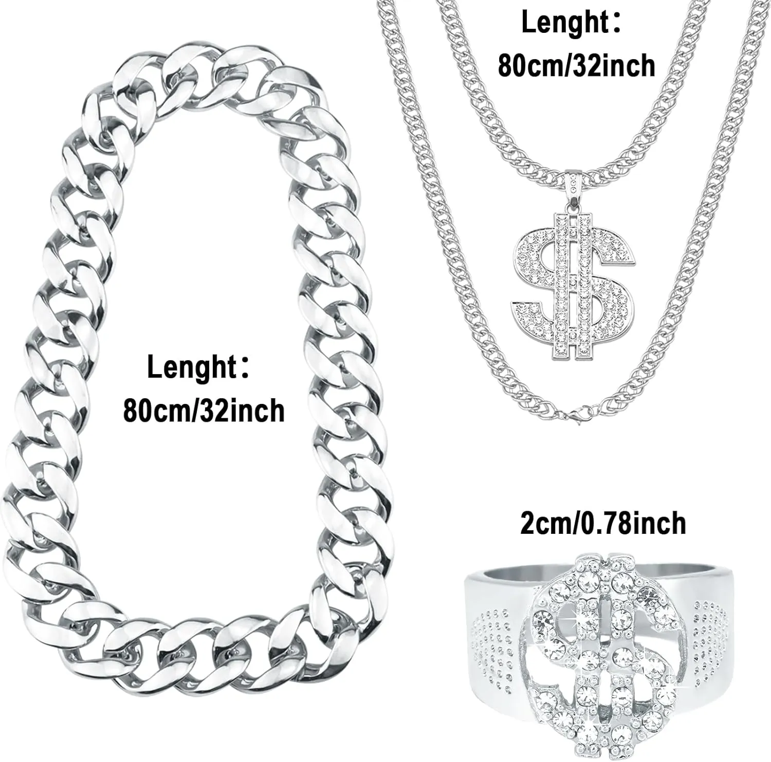 4 Pack 80s 90s Hip Hop Costumes Outfit, Fake Gold Chain Money Chain, Twist Leg Punk Sunglasses, Dollar Sign Finger Ring for Men Women Rapper Accessories