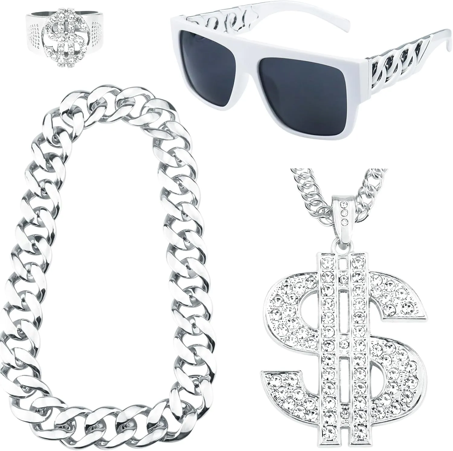 4 Pack 80s 90s Hip Hop Costumes Outfit, Fake Gold Chain Money Chain, Twist Leg Punk Sunglasses, Dollar Sign Finger Ring for Men Women Rapper Accessories