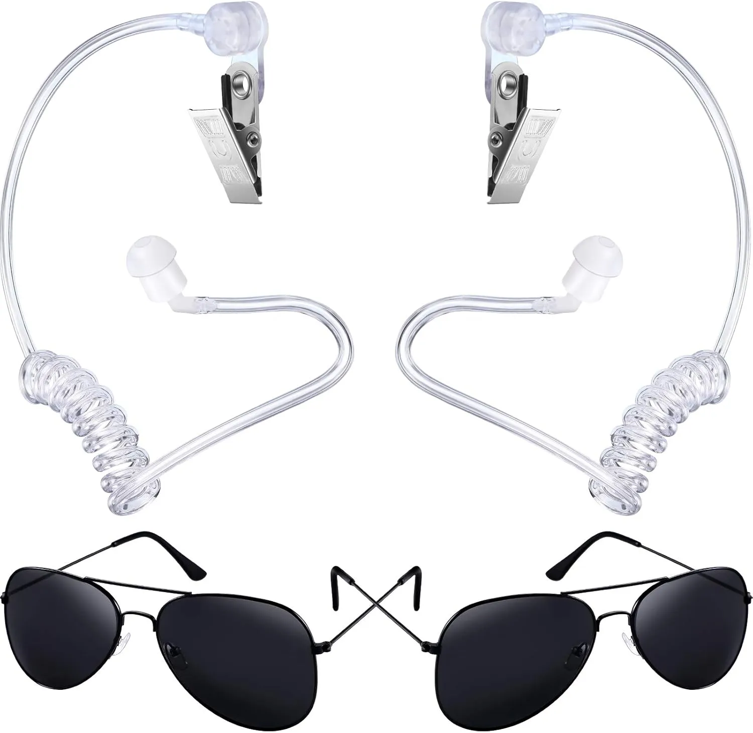 4 Pieces Secret Service Costume Cosplay Set Security Earpiece Earplugs Acoustic Tube Ring Bearer Headset and Sunglasses Ring Wedding Bearer Security (Black Glasses Frame)