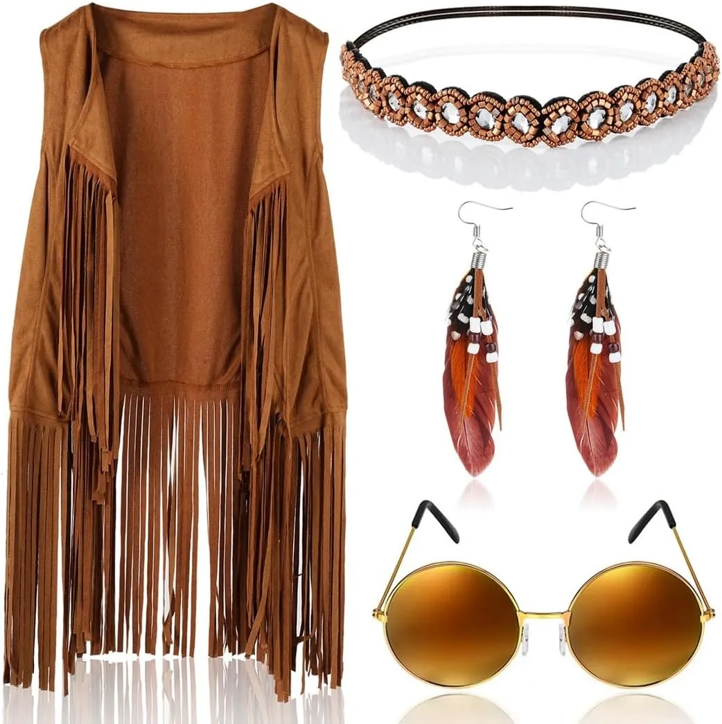 60S 70S Women'S Hippie Costume Set, Includes Tassel Vest, Boho Headband, Feather Earrings & Retro Sunglasses
