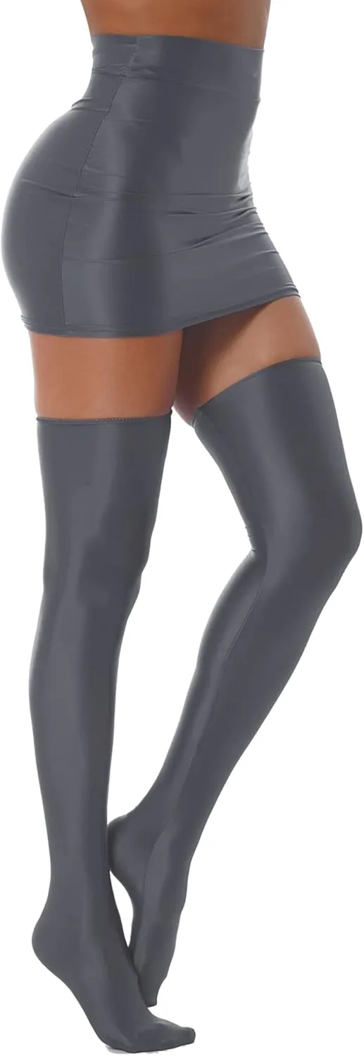 ACSUSS Womens Glossy Solid Color Lingerie Suit High Waist Mini Pencil Skirt with Stockings for Club
