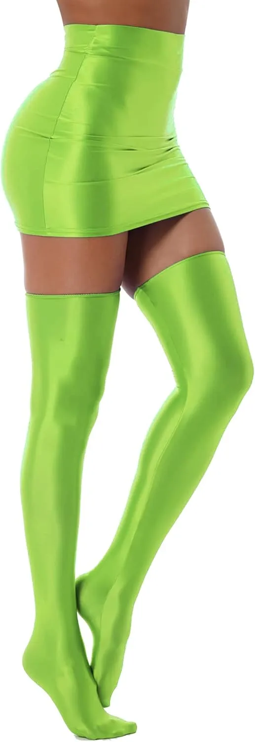 ACSUSS Womens Glossy Solid Color Lingerie Suit High Waist Mini Pencil Skirt with Stockings for Club