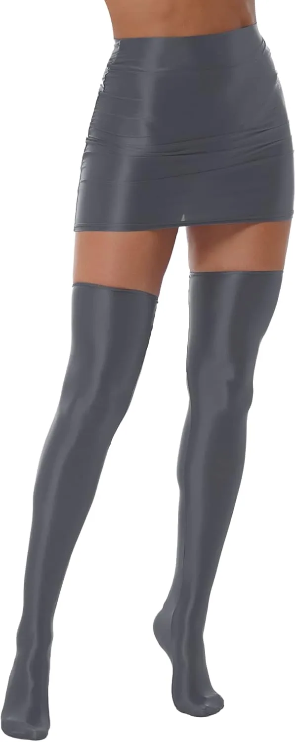 ACSUSS Womens Glossy Solid Color Lingerie Suit High Waist Mini Pencil Skirt with Stockings for Club