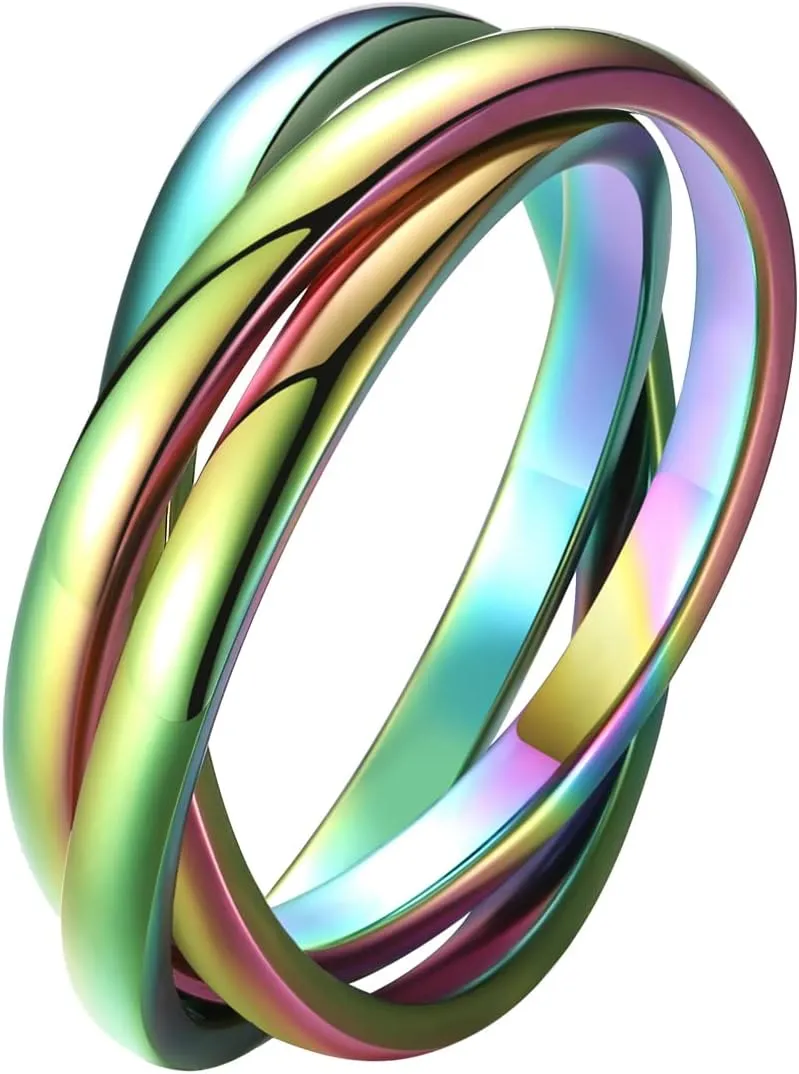 ALEXTINA Anxiety Rings for Women Triple Band Rings Rolling Fidget Rings for Anxiety 3pcs Stainless Steel Puzzle Rainbow Ring Stacking Ring Wedding Band, Rainbow Size 6