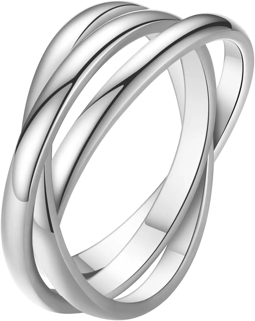 ALEXTINA Anxiety Rings for Women Triple Band Rings Rolling Fidget Rings for Anxiety 3pcs Stainless Steel Puzzle Rainbow Ring Stacking Ring Wedding Band, Silver Size 8