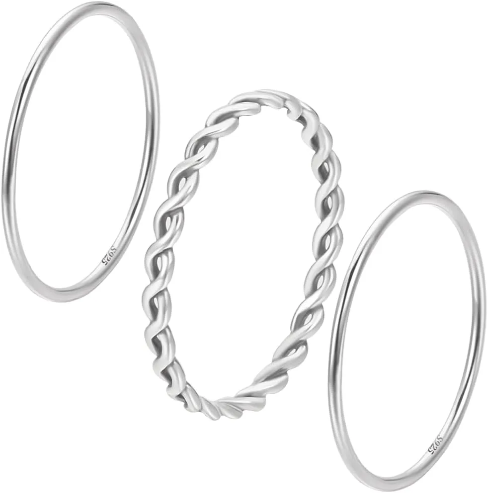 Beebeecraft 1 Box 3Pcs 925 Sterling Silver Knuckle Rings High Polished Minimalist Stackable Plain Thin Stacking Midi Pinky Thumb Twist Rope Texture Finger Band Ring for Jewelry Rings Wedding Women Men