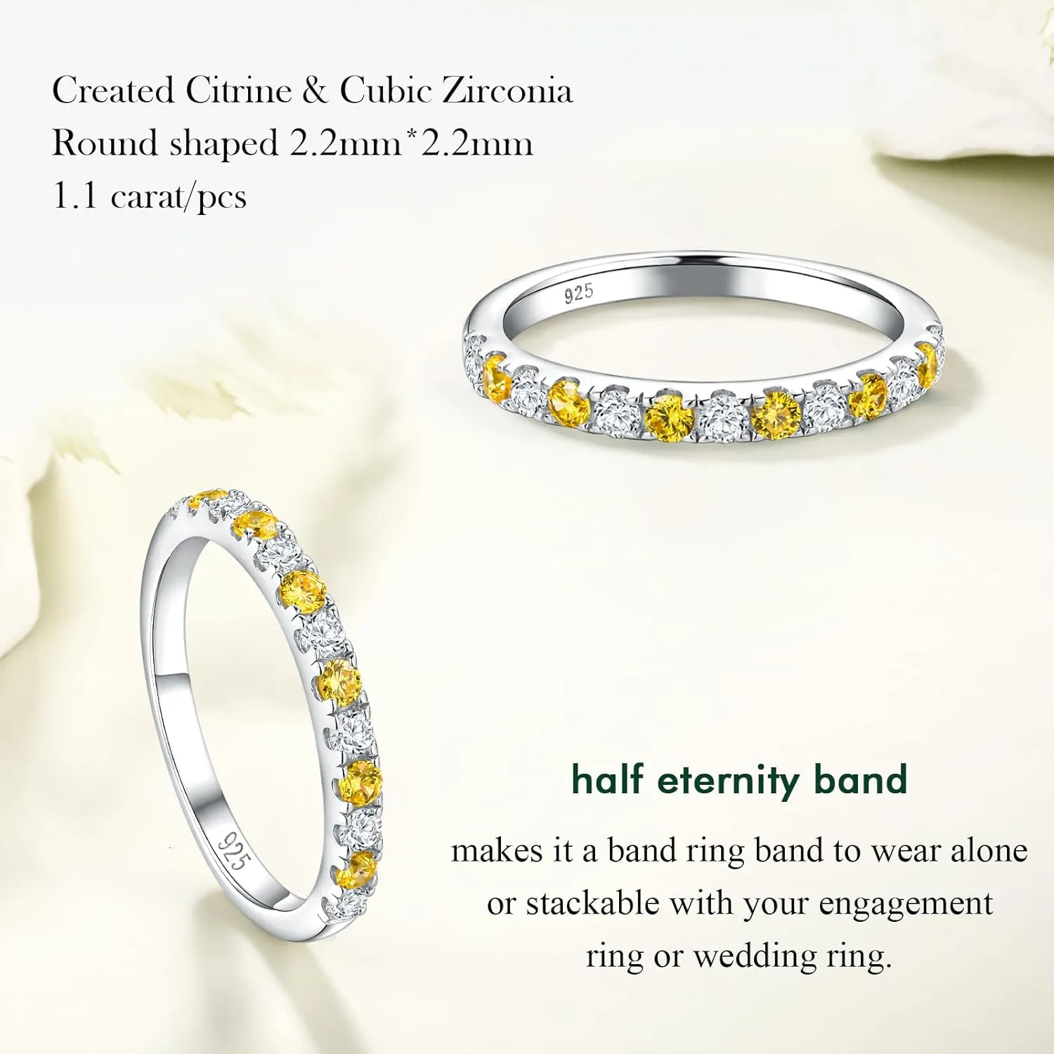 Birthstone Rings Eternity Band 925 Sterling Silver/Yellow Gold Created Gemstone Stackable Wedding Band Half Eternity Rings for Women Size 6 to 10