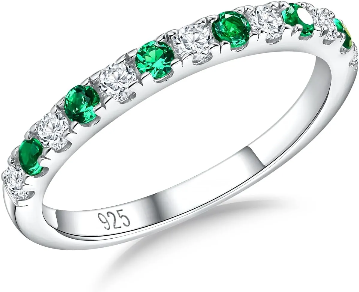 Birthstone Rings Eternity Band 925 Sterling Silver/Yellow Gold Created Gemstone Stackable Wedding Band Half Eternity Rings for Women Size 6 to 10