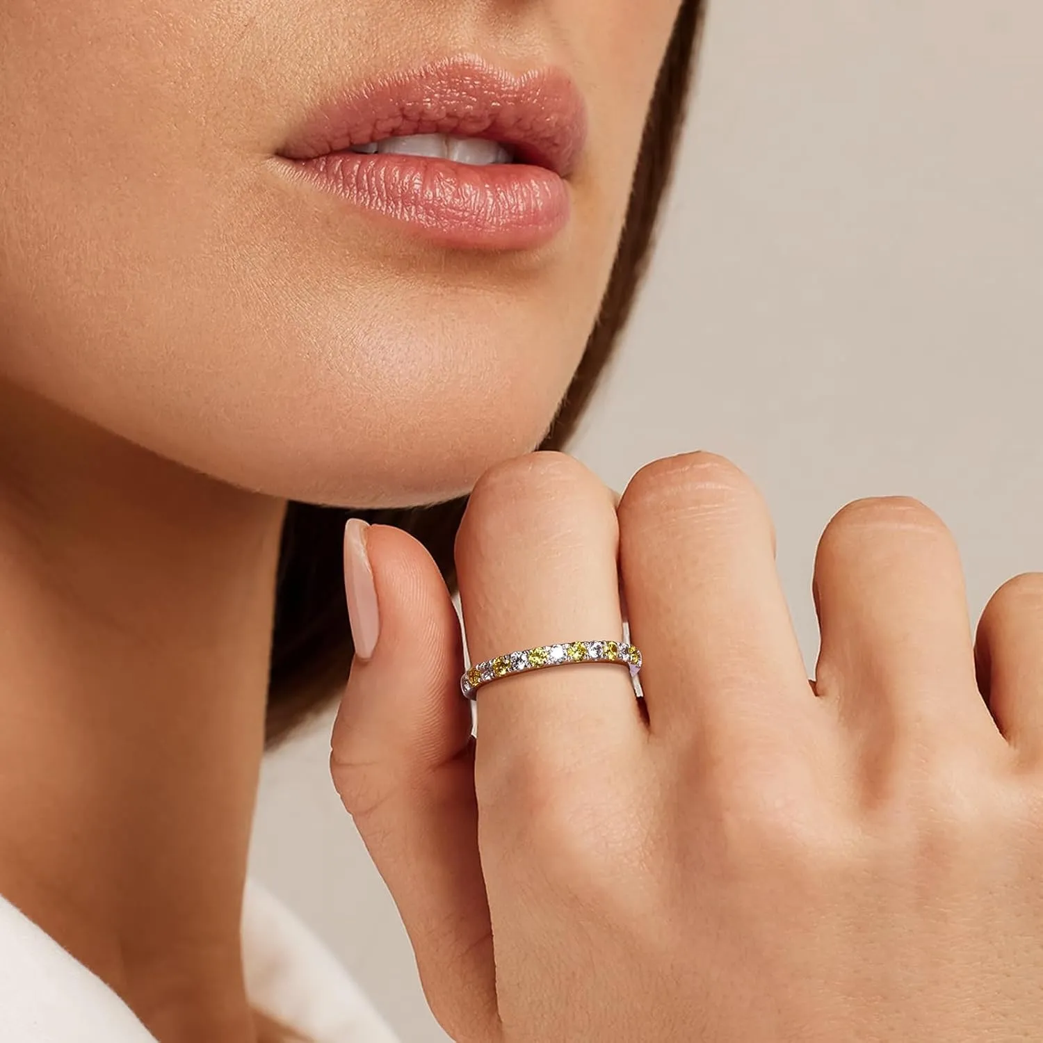 Birthstone Rings Eternity Band 925 Sterling Silver/Yellow Gold Created Gemstone Stackable Wedding Band Half Eternity Rings for Women Size 6 to 10