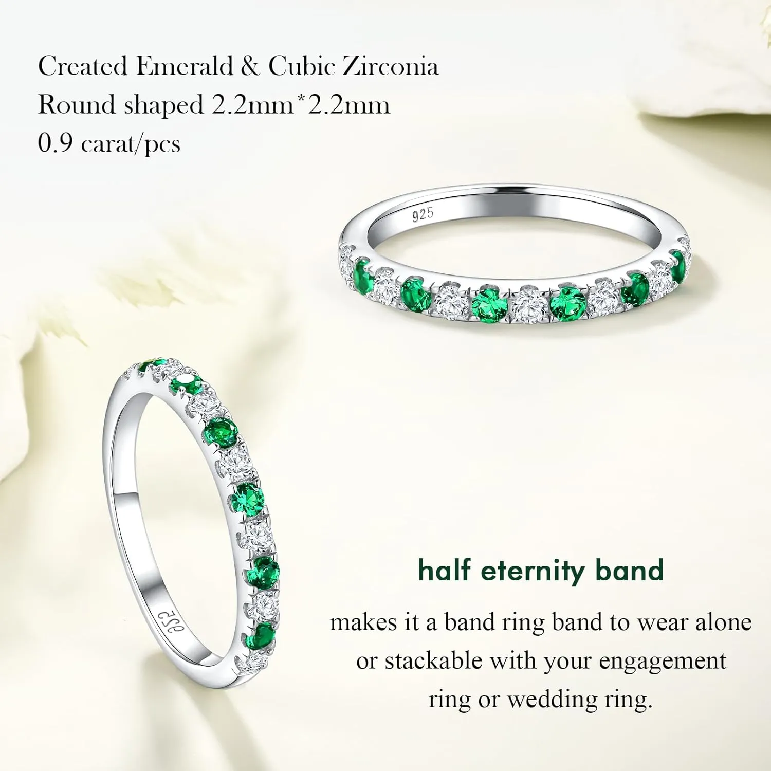 Birthstone Rings Eternity Band 925 Sterling Silver/Yellow Gold Created Gemstone Stackable Wedding Band Half Eternity Rings for Women Size 6 to 10