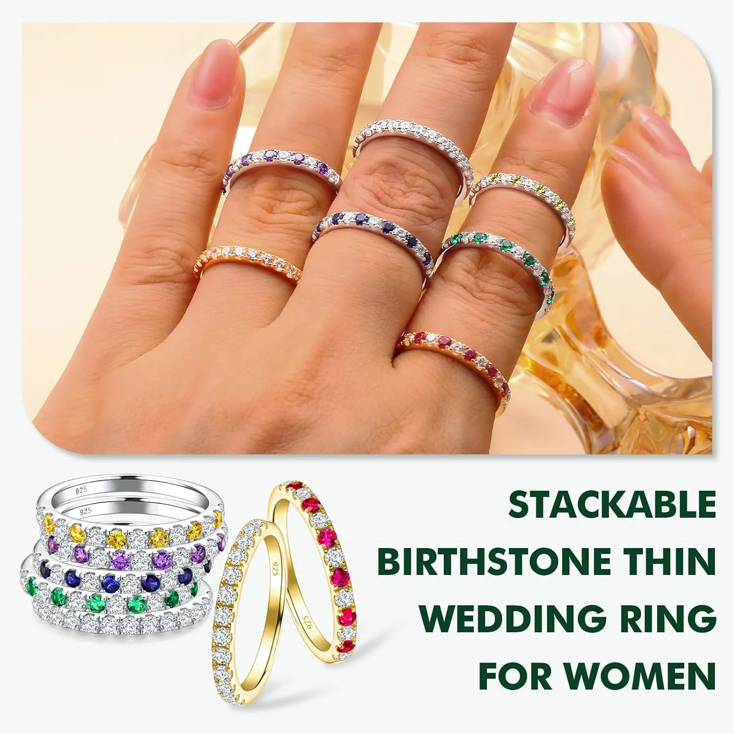 Birthstone Rings Eternity Band 925 Sterling Silver/Yellow Gold Created Gemstone Stackable Wedding Band Half Eternity Rings for Women Size 6 to 10