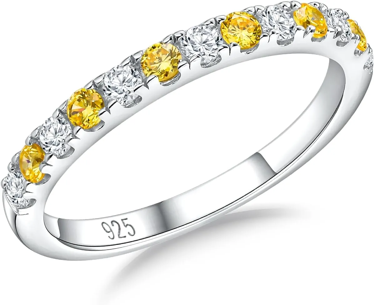Birthstone Rings Eternity Band 925 Sterling Silver/Yellow Gold Created Gemstone Stackable Wedding Band Half Eternity Rings for Women Size 6 to 10