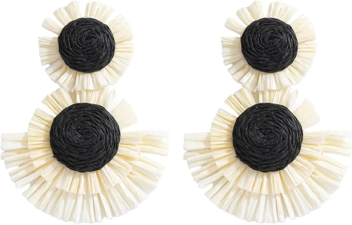 Black White Raffia Flower Earrings for Women, Straw Wrapped Floral Dangle Earring, Handmade Lightweight Summer Beach Minimalist Statement Tropical Jewelry Gift for Her