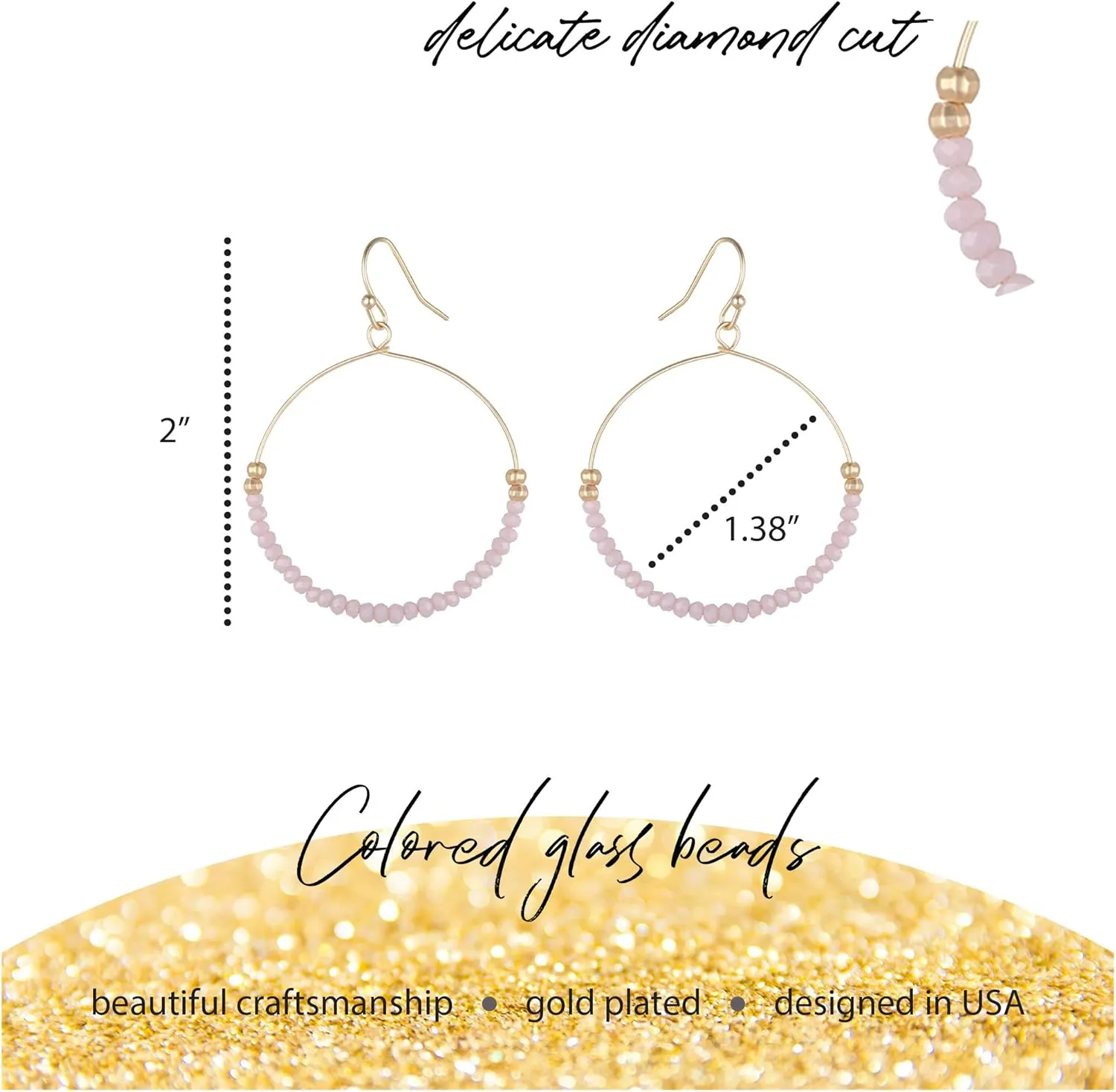 Bohemian Boho Round Circle Hoop Dangle Drop Earrings for Women  Delicate - Handcrafted  Colorful Faceted Glass Beads  Gold Plated  with Gift Box Included