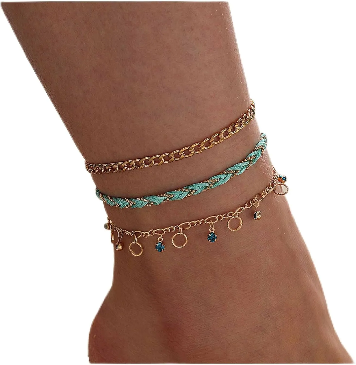 Bohemian Layered Tassel Crystal Anklet Gold Karma Circle Ankle Bracelet Woven Rope Anklets Adjustable Wax Anklets Summer Beach Foot Chain Jewelry for Women 3Pcs