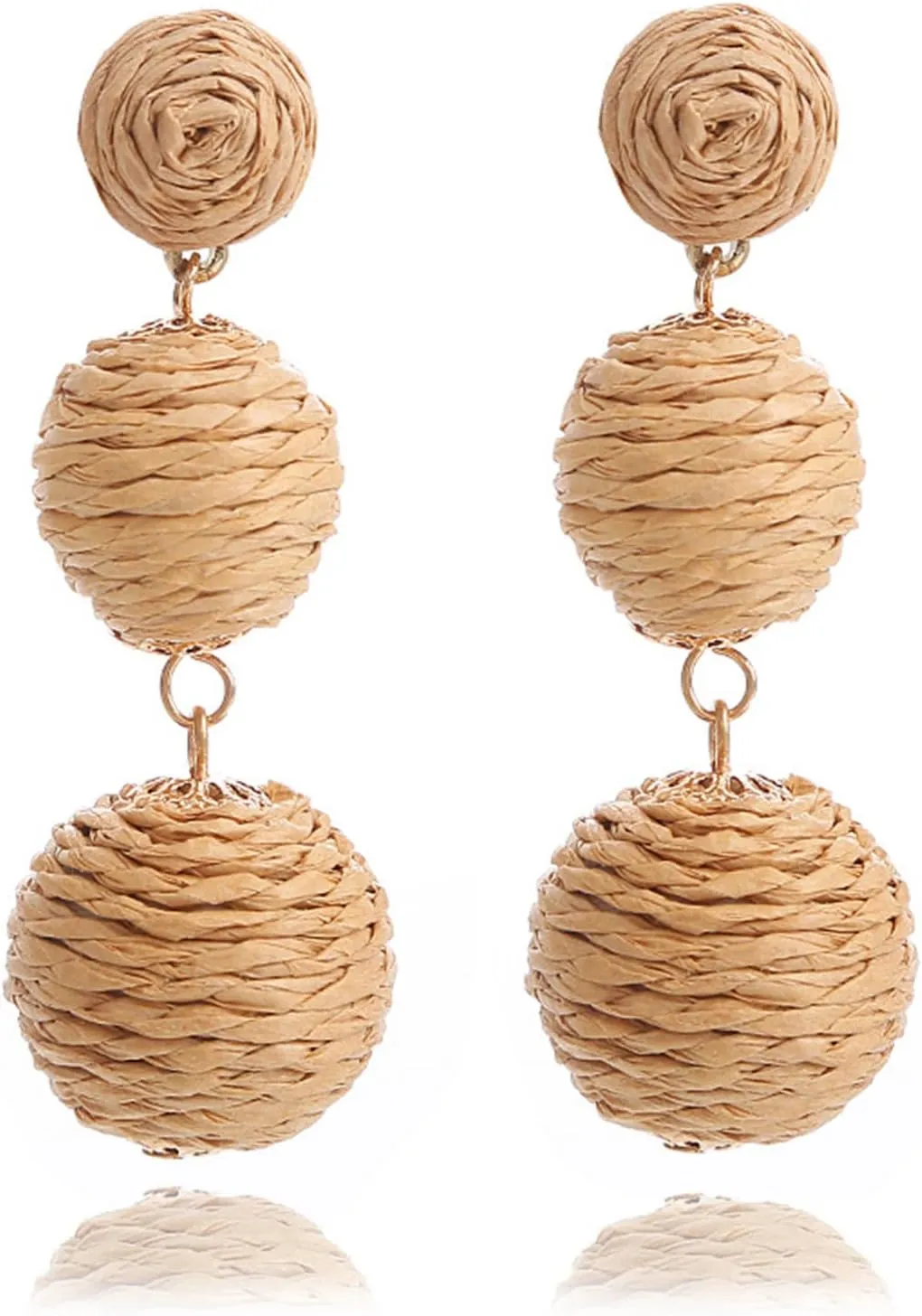 Bohemian Woven Rattan Straw Wicker Raffia Ball Drop Dangle Earring for Women Handmade Lightweight Statement Geometric Round Earring Retro Boho Summer Beach Jewelry