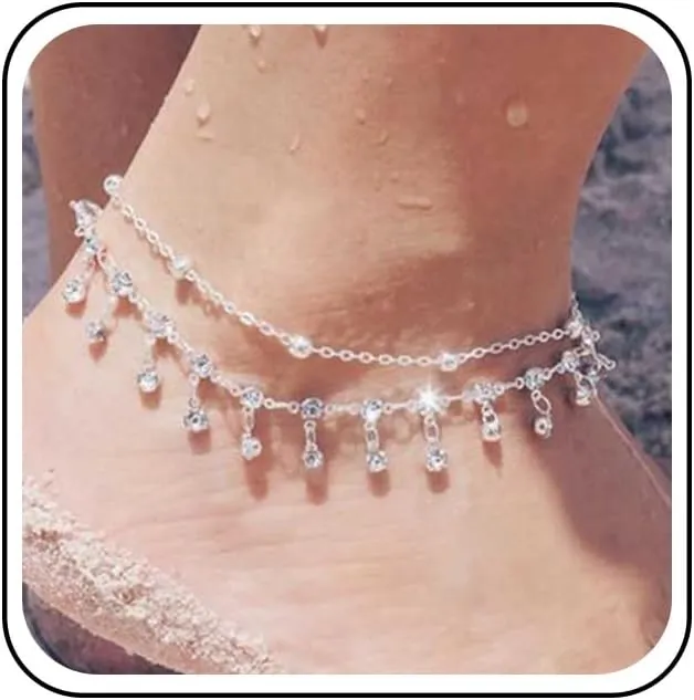 Boho Layered Rhinestone Ankle Bracelet Silver Dangle Crystal Anklet Bracelets Cz Tassel Anklets Glitter Tennis Foot Chain Jewelry for Women