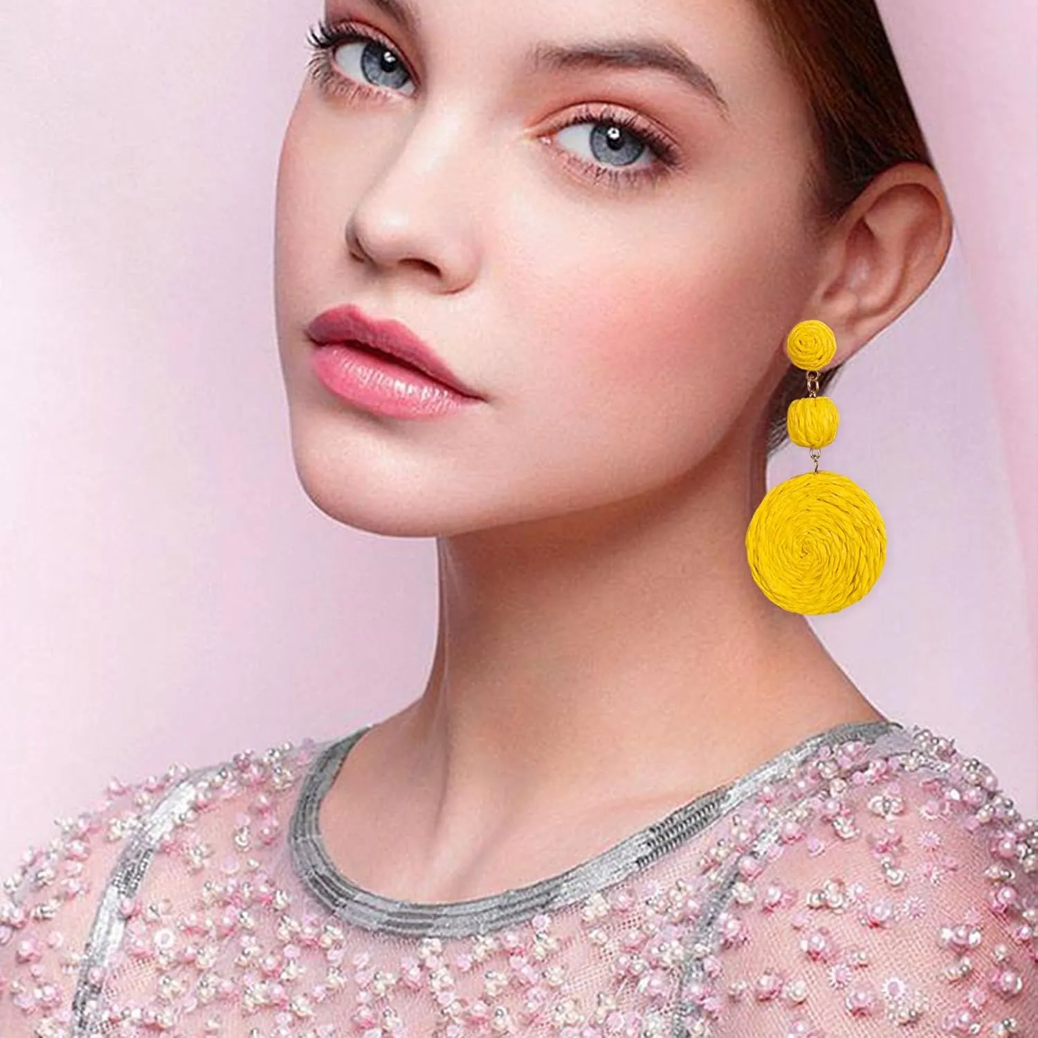 Boho Raffia Ball Earrings for Women Statement Straw Dangle Earrings Beach Vacation Jewelry