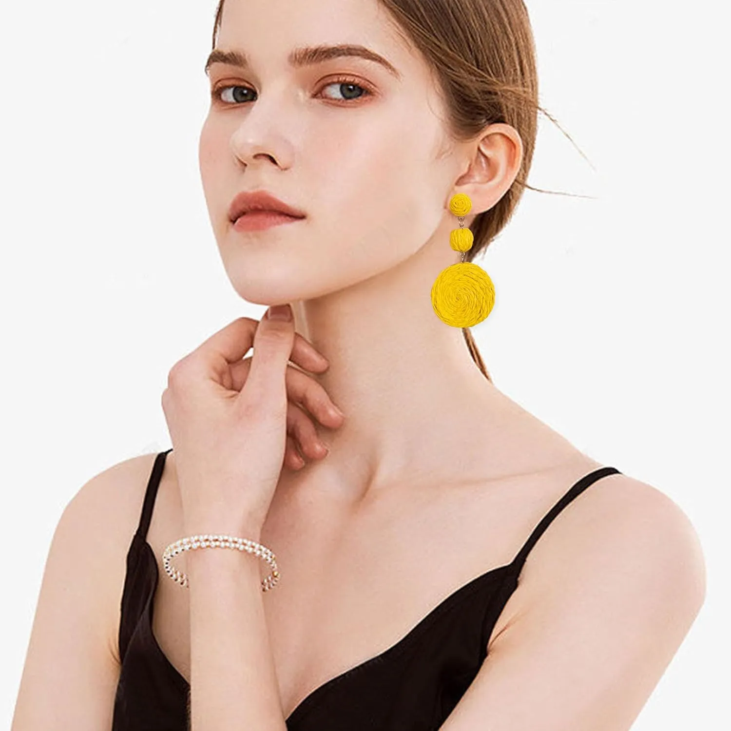 Boho Raffia Ball Earrings for Women Statement Straw Dangle Earrings Beach Vacation Jewelry
