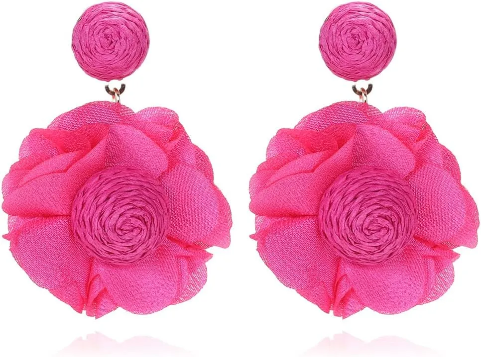 Boho Raffia Dangle Earrings,Handmade Rattan Tropical Flower Earrings for Summer Beach Vacation, Statement Drop Dangling Earrings for Women