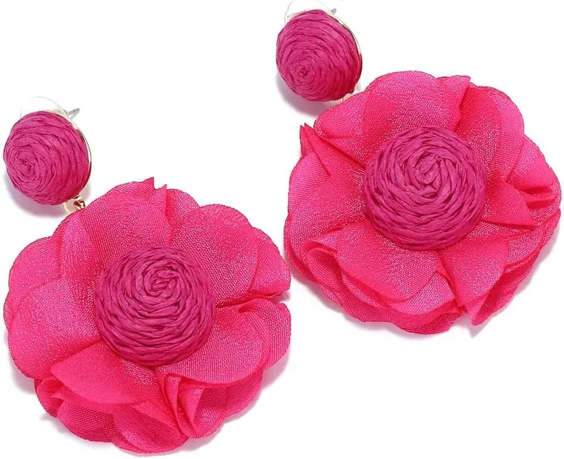 Boho Raffia Dangle Earrings,Handmade Rattan Tropical Flower Earrings for Summer Beach Vacation, Statement Drop Dangling Earrings for Women