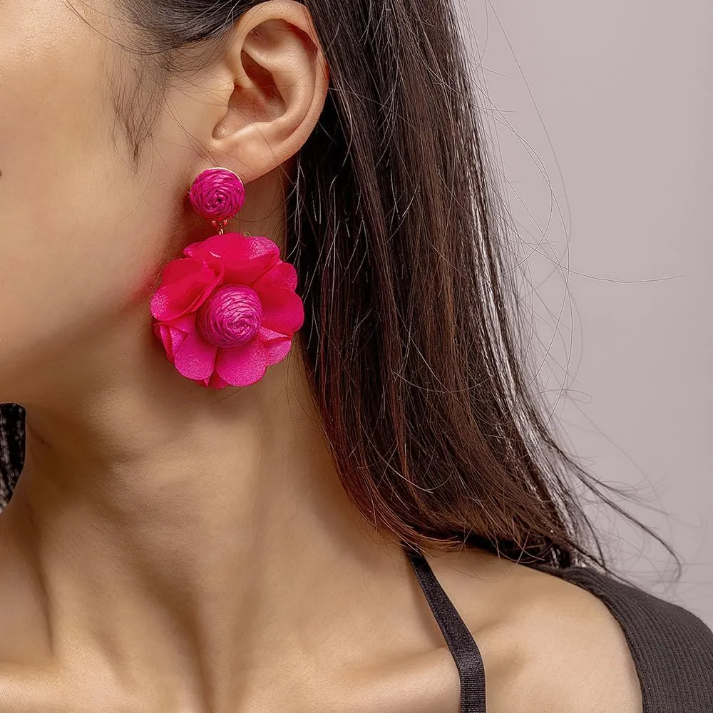 Boho Raffia Dangle Earrings,Handmade Rattan Tropical Flower Earrings for Summer Beach Vacation, Statement Drop Dangling Earrings for Women