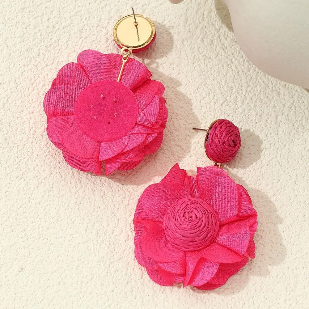 Boho Raffia Dangle Earrings,Handmade Rattan Tropical Flower Earrings for Summer Beach Vacation, Statement Drop Dangling Earrings for Women