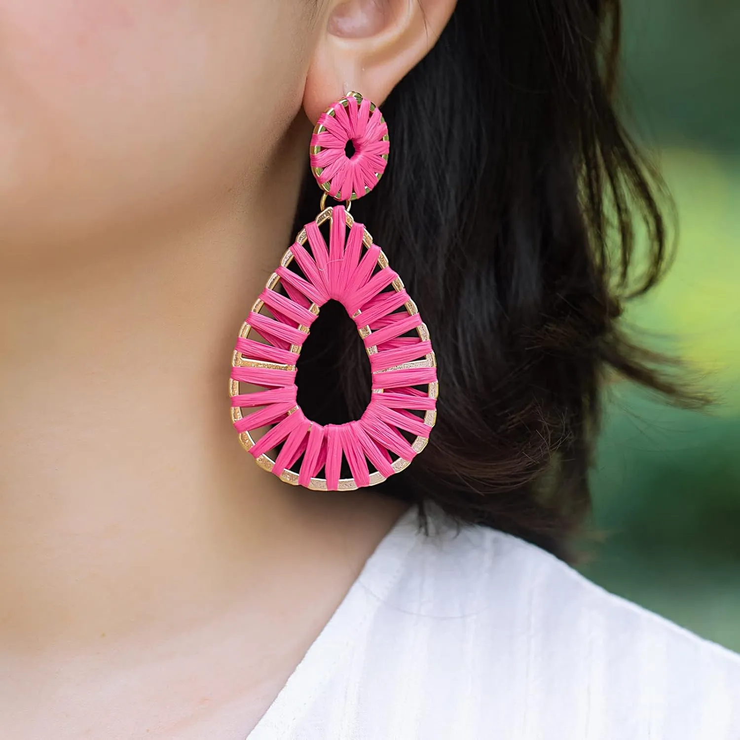 Boho Raffia Earrings Statement Teardrop Earrings Drop Dangle Bohemian Earrings for Women Cute Handmade Earring