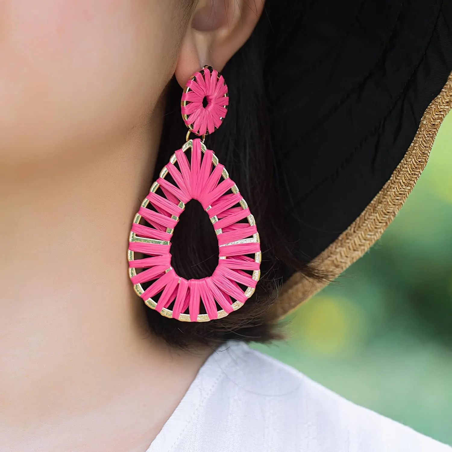 Boho Raffia Earrings Statement Teardrop Earrings Drop Dangle Bohemian Earrings for Women Cute Handmade Earring