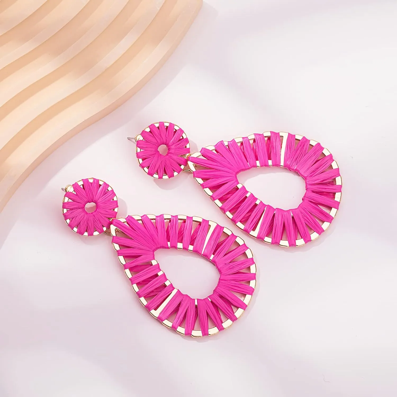 Boho Raffia Earrings Statement Teardrop Earrings Drop Dangle Bohemian Earrings for Women Cute Handmade Earring