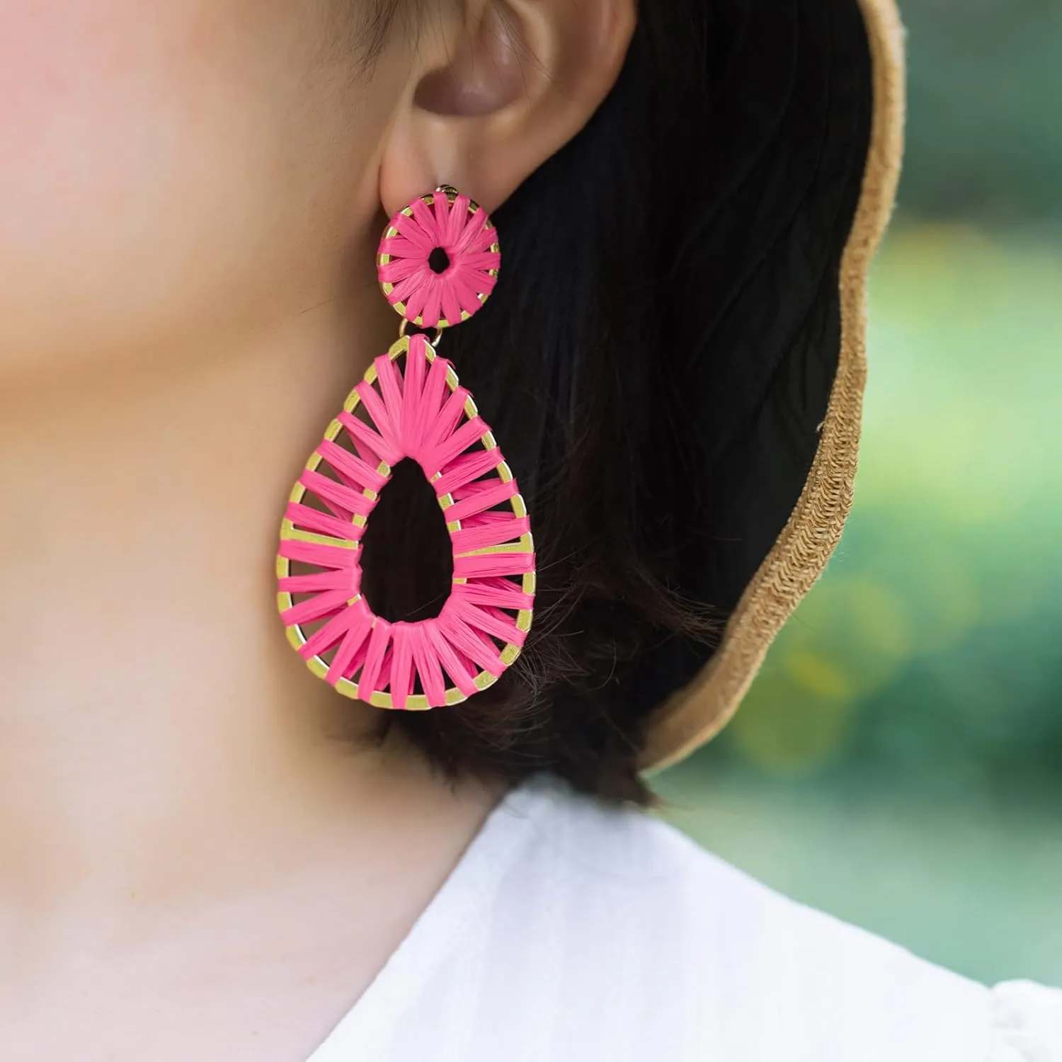 Boho Raffia Earrings Statement Teardrop Earrings Drop Dangle Bohemian Earrings for Women Cute Handmade Earring
