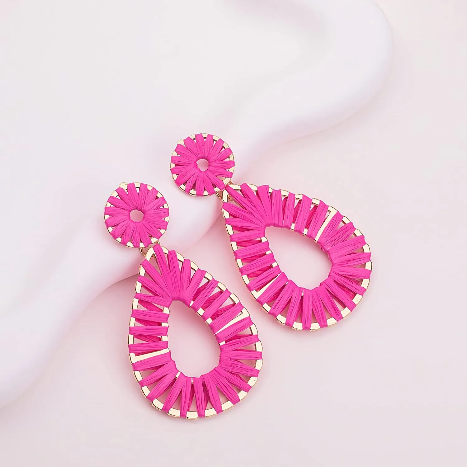 Boho Raffia Earrings Statement Teardrop Earrings Drop Dangle Bohemian Earrings for Women Cute Handmade Earring