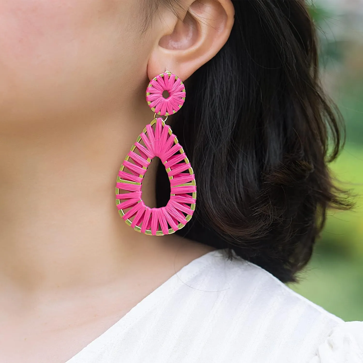 Boho Raffia Earrings Statement Teardrop Earrings Drop Dangle Bohemian Earrings for Women Cute Handmade Earring