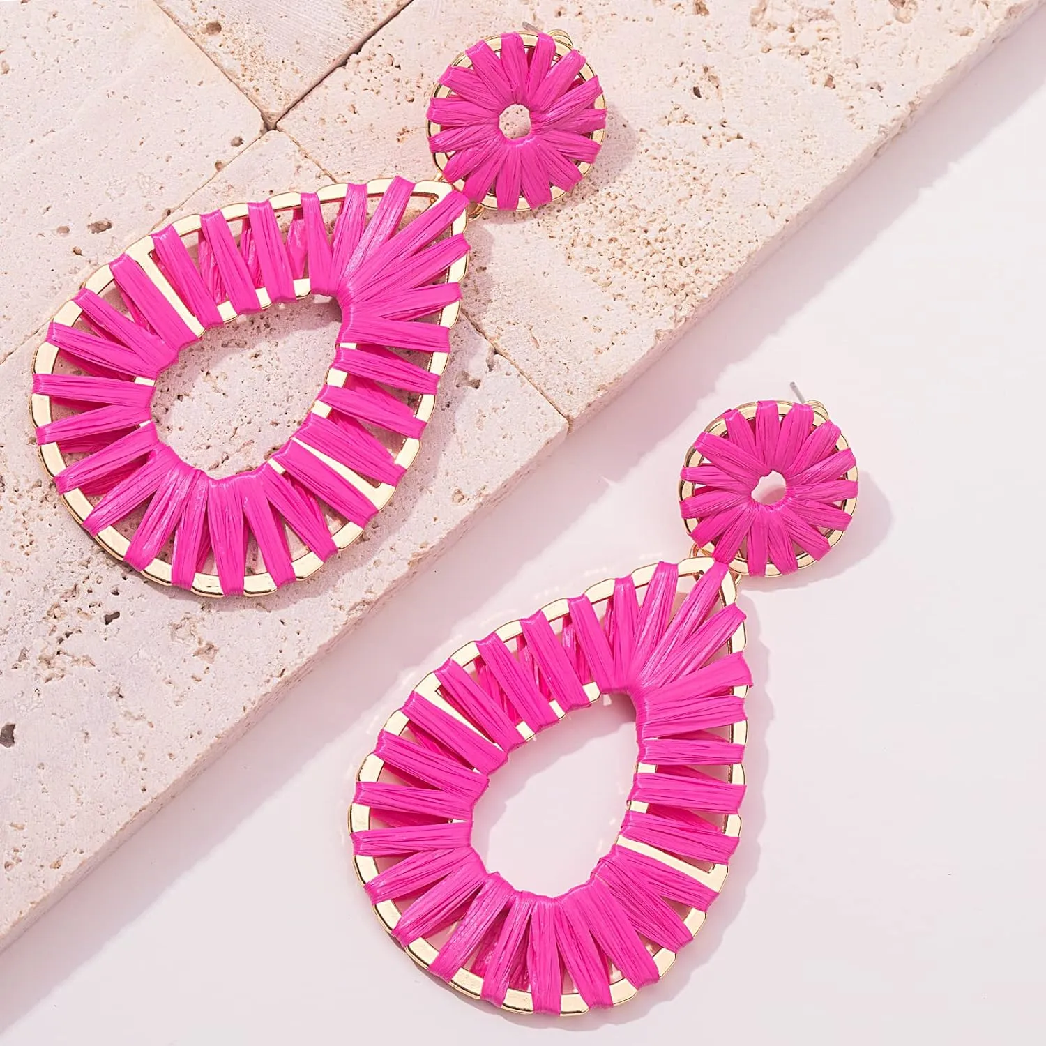 Boho Raffia Earrings Statement Teardrop Earrings Drop Dangle Bohemian Earrings for Women Cute Handmade Earring