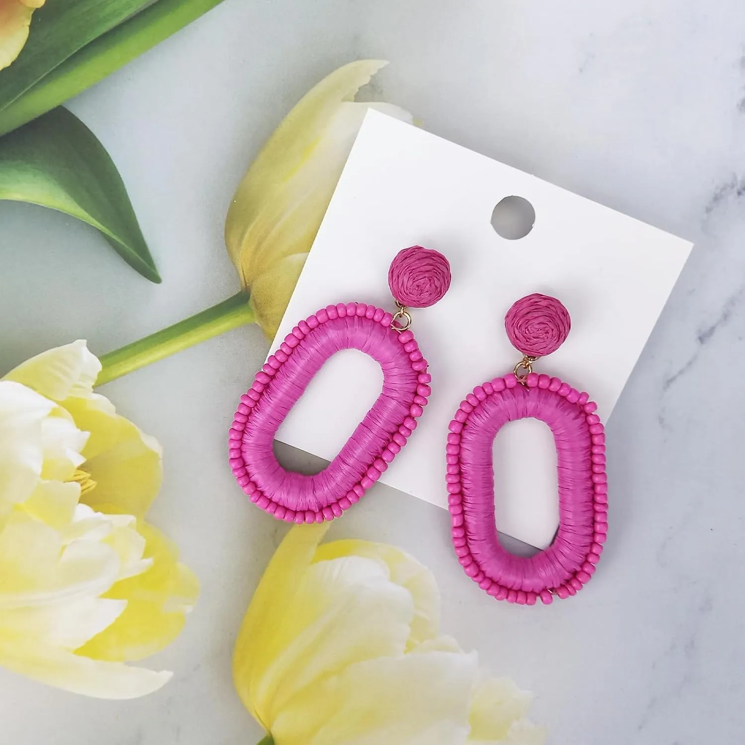 Boho Statement Earrings Beaded Raffia Earrings Lightweight Cute Seed Bead Earrings Square Drop Dangle Earrings Gift for women