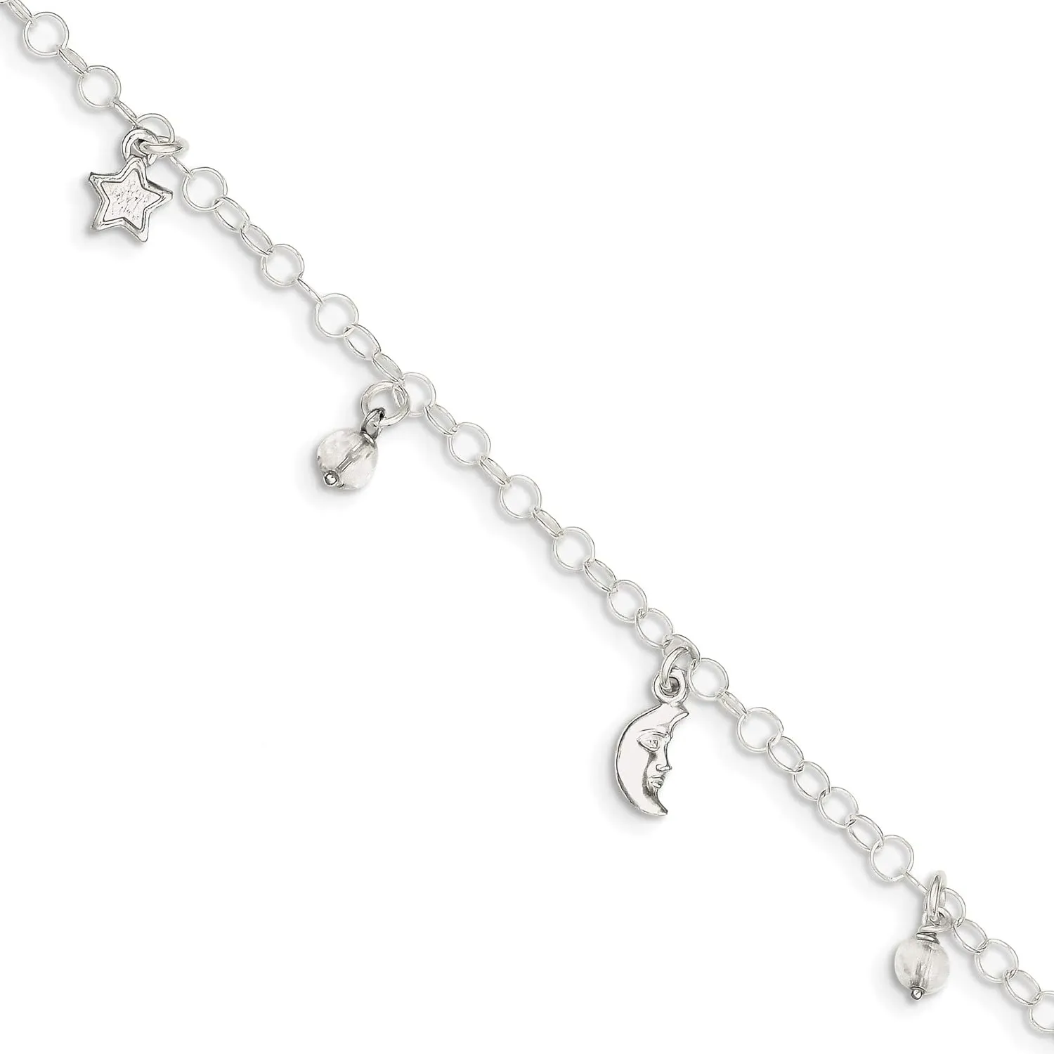 Bonyak Jewelry Sterling Silver Polished Sun Moon & Stars 9in Plus 1in Ext. Anklet Glittering