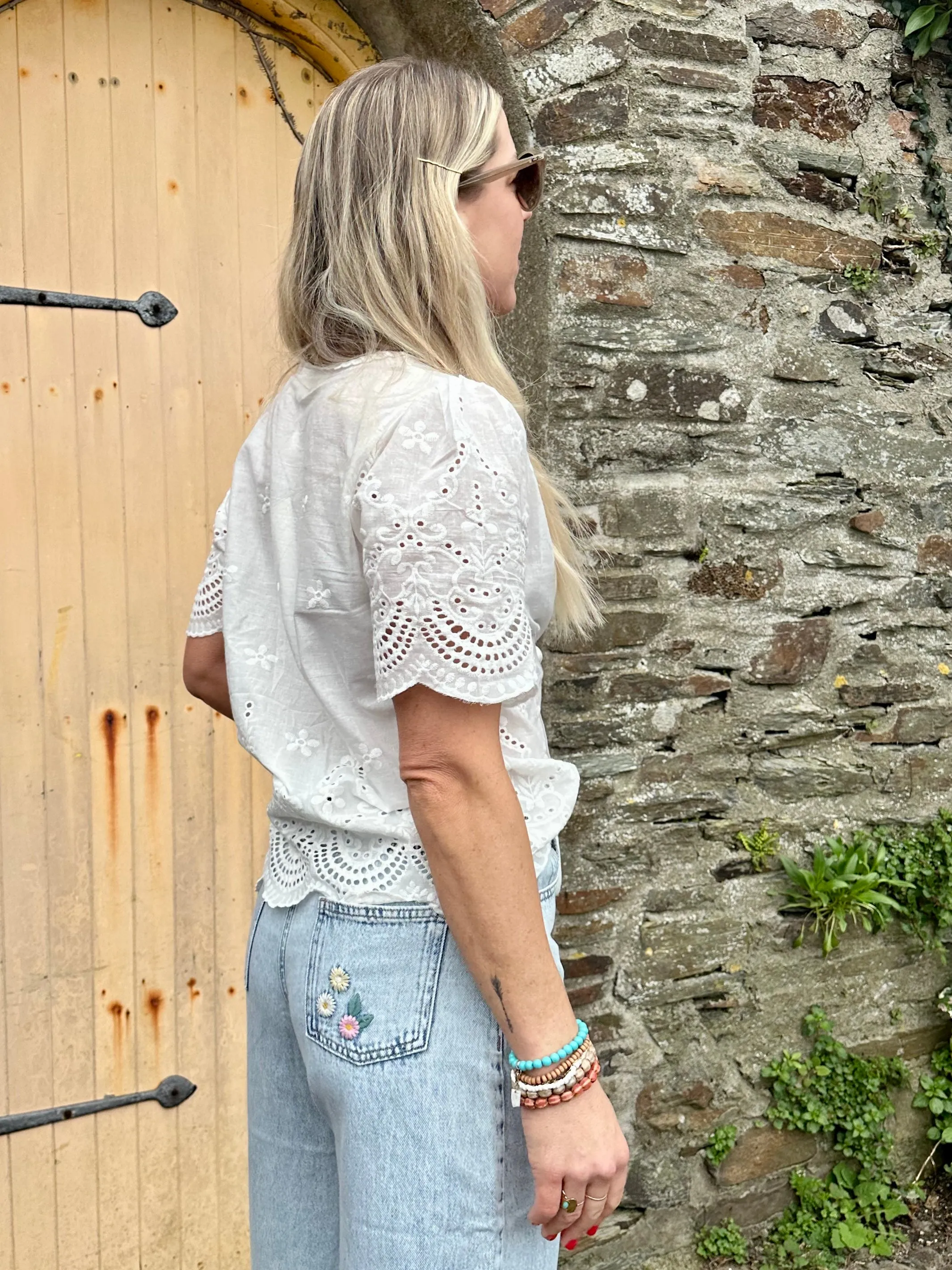 Broderie tie front blouse