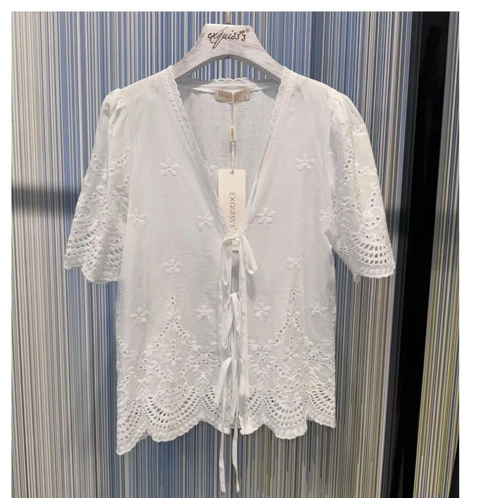 Broderie tie front blouse